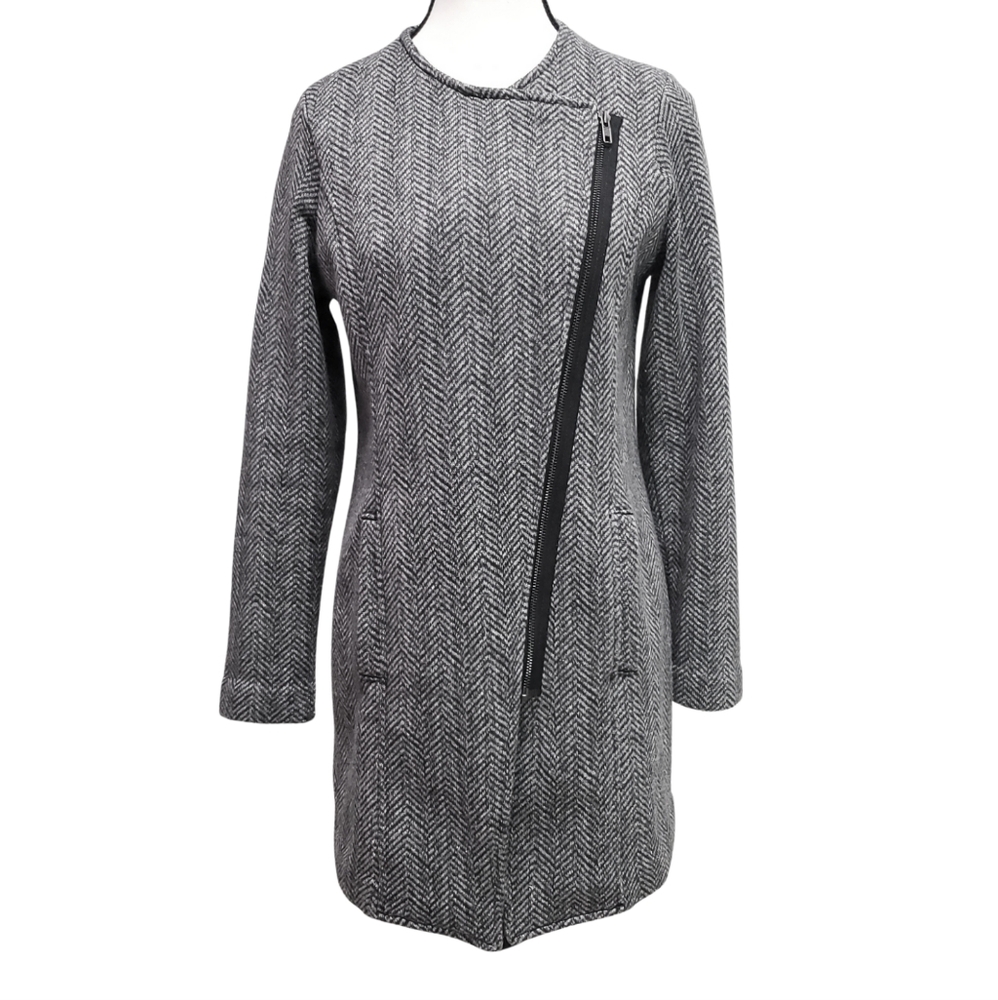 Banana Republic Sm Grey Herringbone Asymmetric Zip Knit Cardigan Sweater Jacket